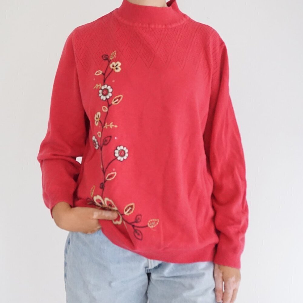 VTG Alfred Dunner Red Cotton Retro 90s Eclectic Grandpa Mock Neck Sweater XL